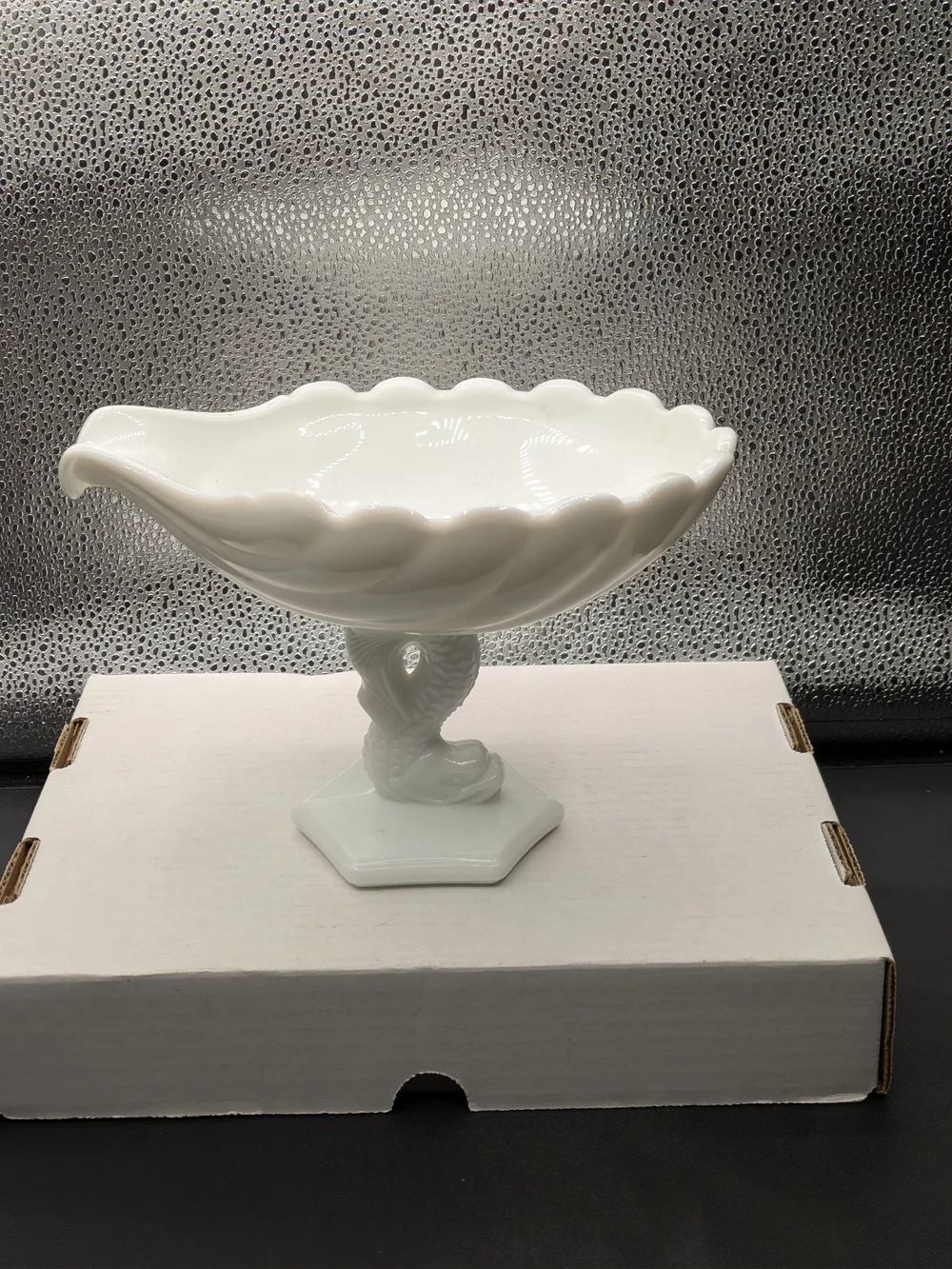 White Milk Glass Compote Pedestal Bowl With Dolphin Decor